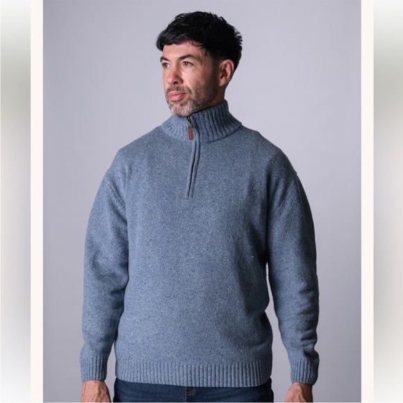 Aran woollen mills Donegal Blend Zip Neck Sweater in Boathouse Blue L lambswool - Picture 1 of 7
